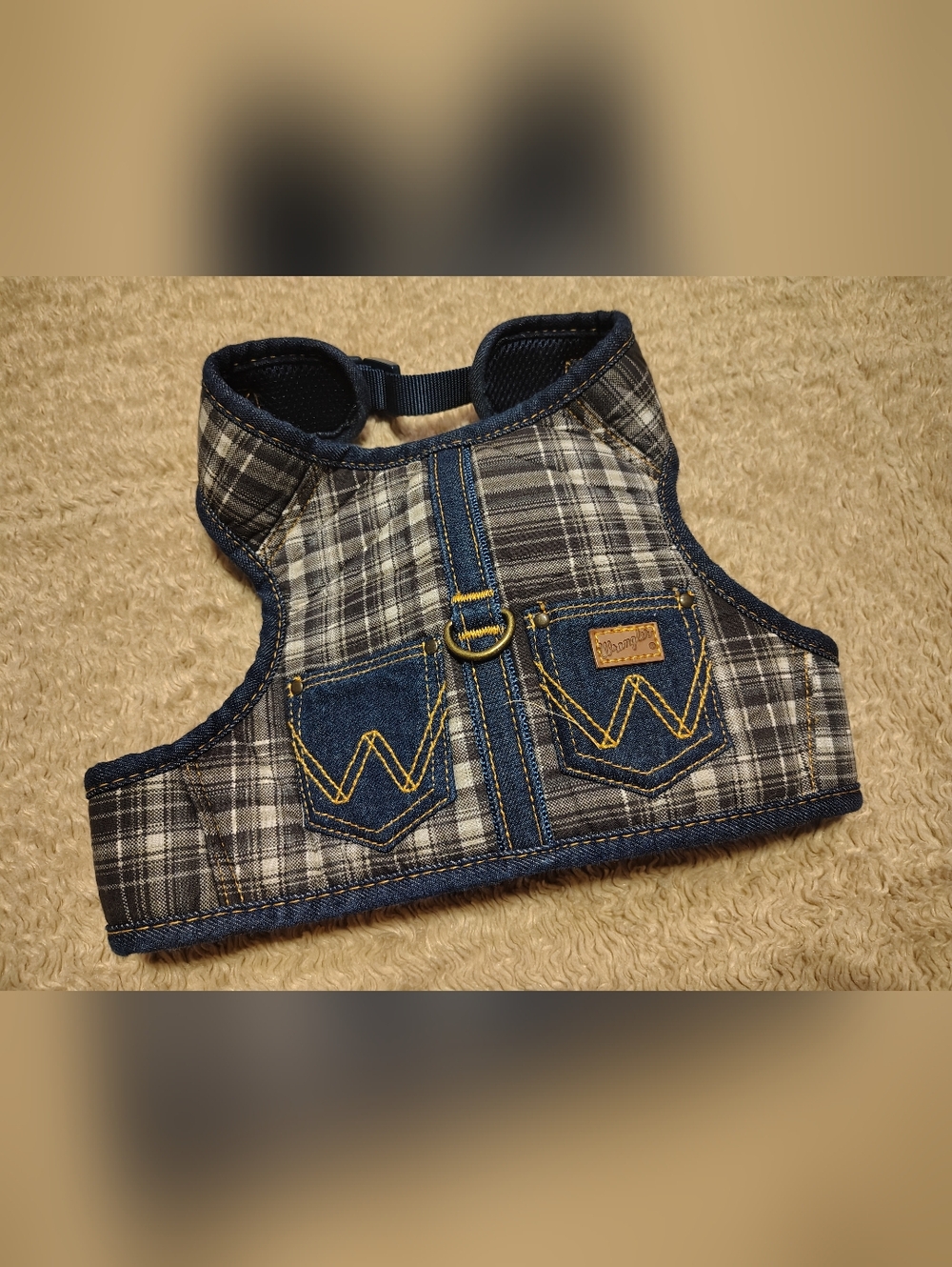 Wrangler Plaid Adjustable Dog Vest Harness Dark Denim Grey Plaid Size Medium